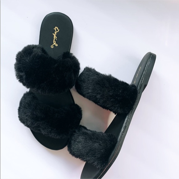 Black fuzzy fur slides slippers double band - Picture 9 of 11